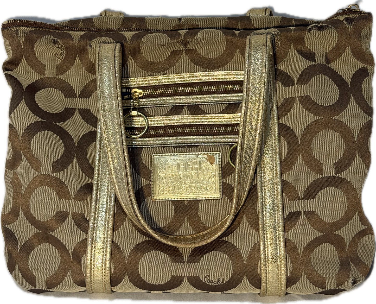 Coach Poppy Op Art Glam Signature Tote Bag Gold/Khaki (13826)